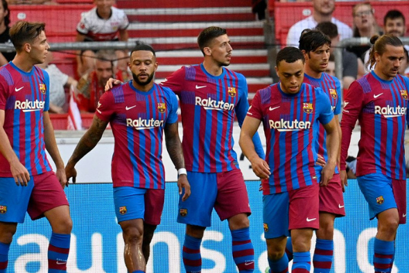 Barcelona football team 6 players showing shirt sponsorship